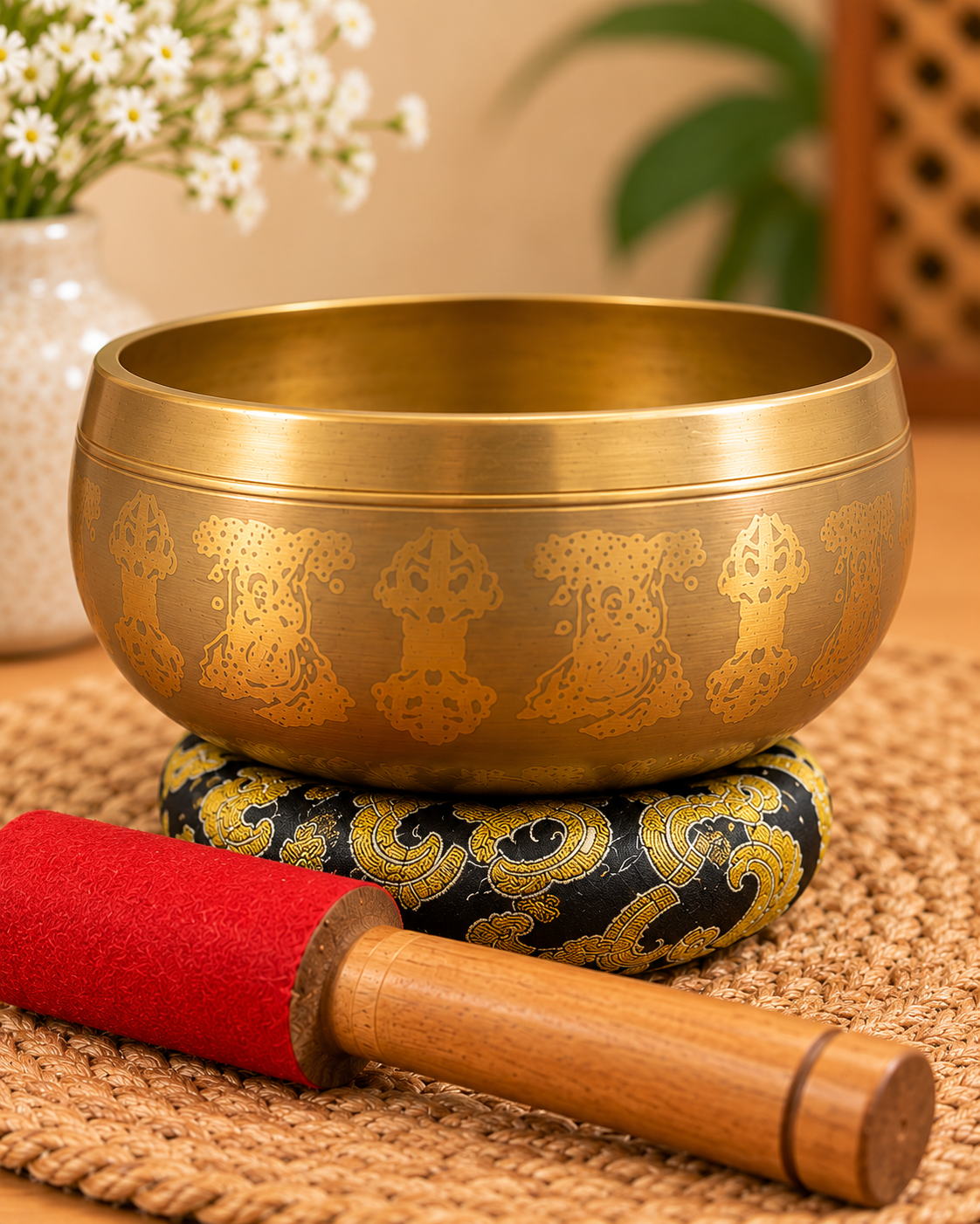 Buddha Engraved Singing Bowl with Wooden Mallet and Cushion – 3.5 Inch
