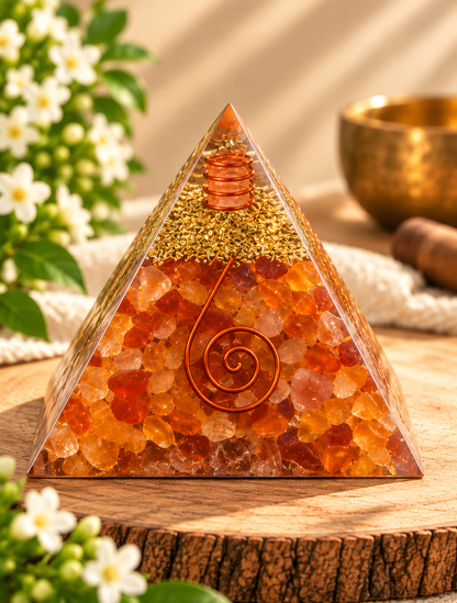 Carnelian Orgonite Pyramid – Crystal Energy & Meditation Decor -3 × 3 Inch
