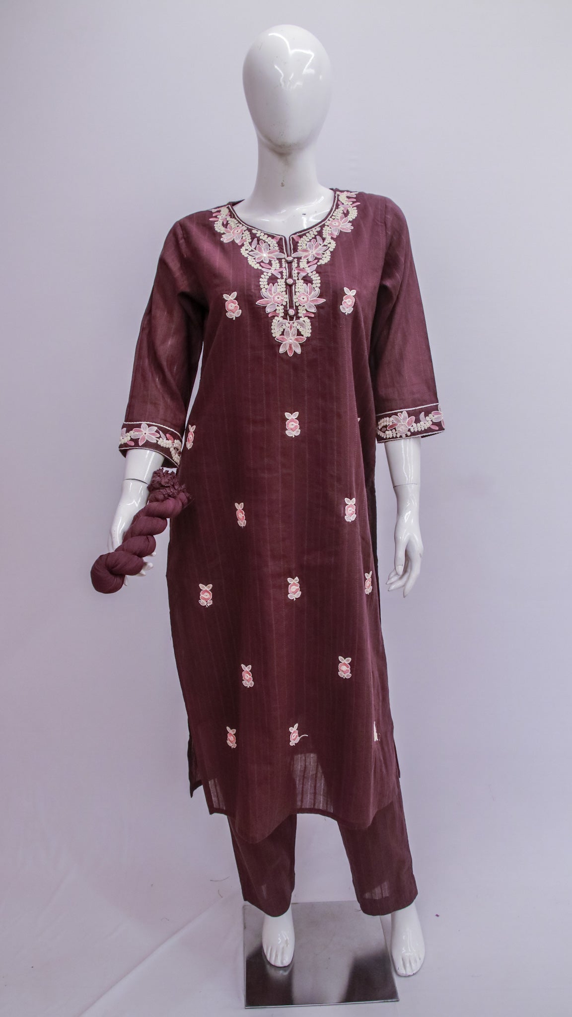Wine Colored Cotton Dupatta Set