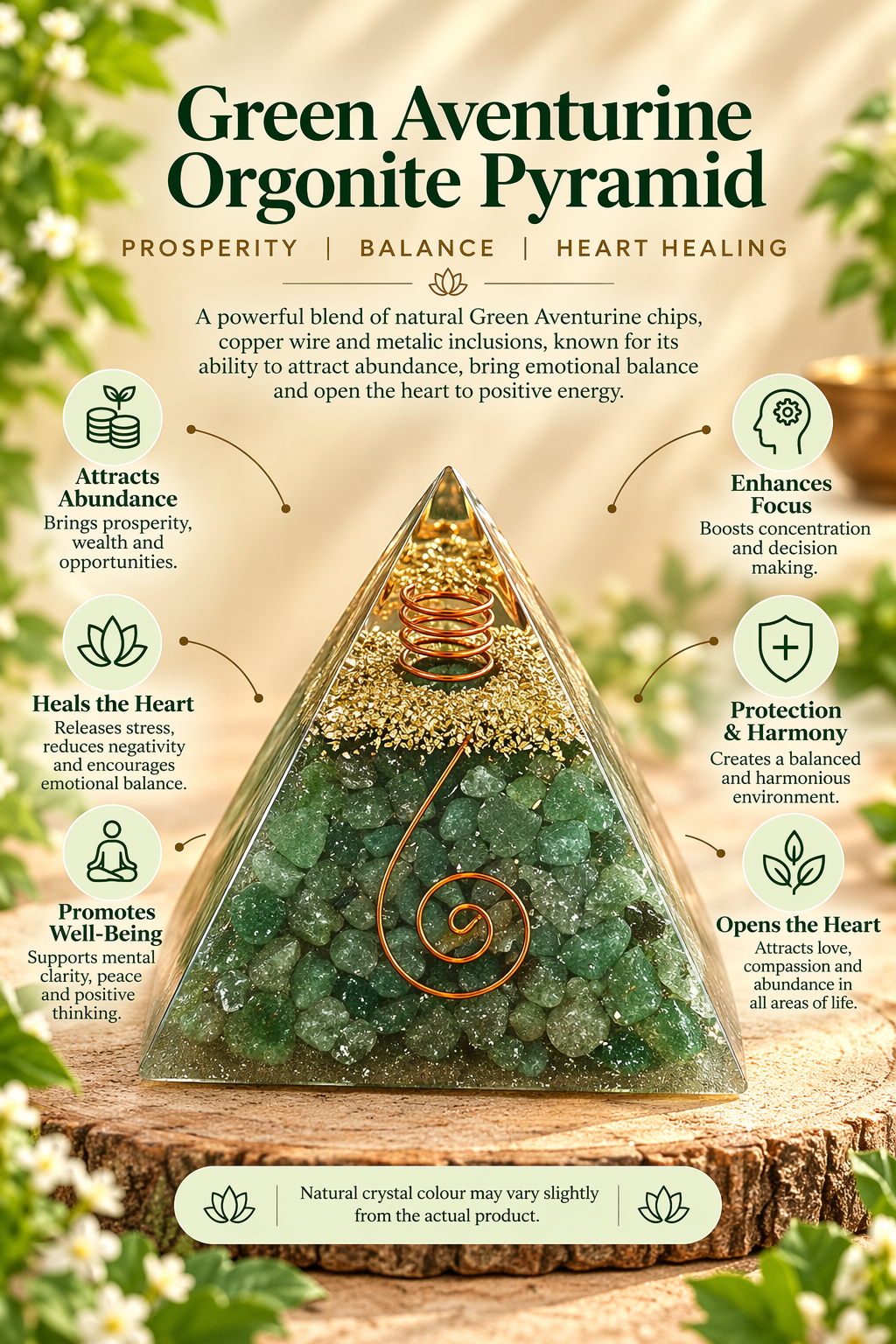 Green Aventurine Orgonite Pyramid -Crystal Energy & Meditation Decor -3 × 3 Inch
