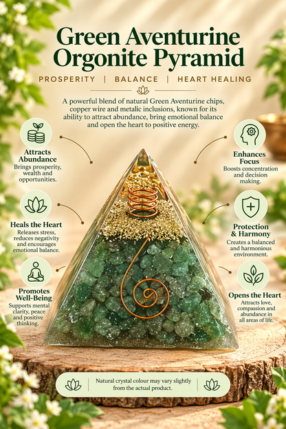 Green Aventurine Orgonite Pyramid -Crystal Energy & Meditation Decor -3 × 3 Inch