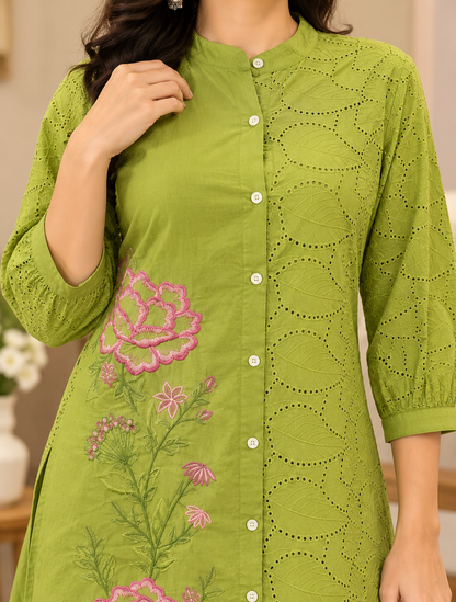 Green Hakoba cotton top and pant set with pink floral embroidery, button-down front and cutwork detailing.
