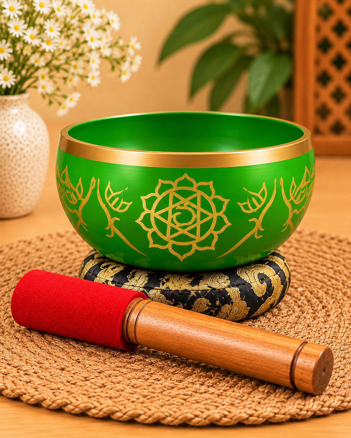 Green chakra singing bowl with a golden rim and intricate golden chakra-inspired symbol engraved inside.