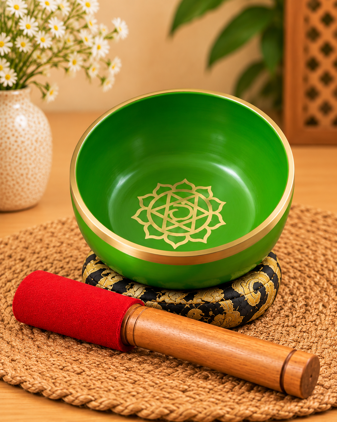 Green chakra singing bowl with a golden rim and intricate golden chakra-inspired symbol engraved inside.