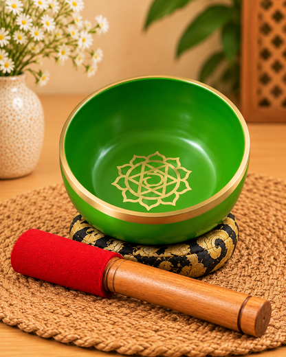 Green chakra singing bowl with a golden rim and intricate golden chakra-inspired symbol engraved inside.