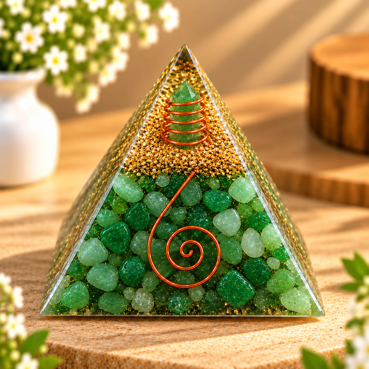 Green Aventurine Orgonite Pyramid -Crystal Energy & Meditation Decor -3 × 3 Inch