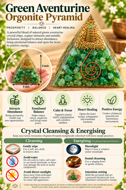 Green Aventurine Orgonite Pyramid -Crystal Energy & Meditation Decor -3 × 3 Inch