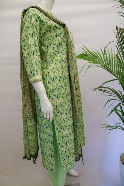 Pista Green Cotton Dupatta Set