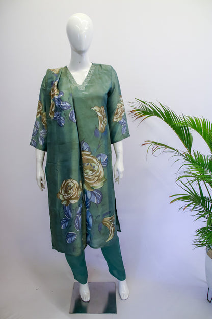 Green Floral Tissue Silk Dupatta set