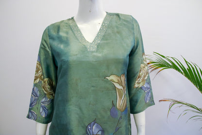 Green Floral Tissue Silk Dupatta set