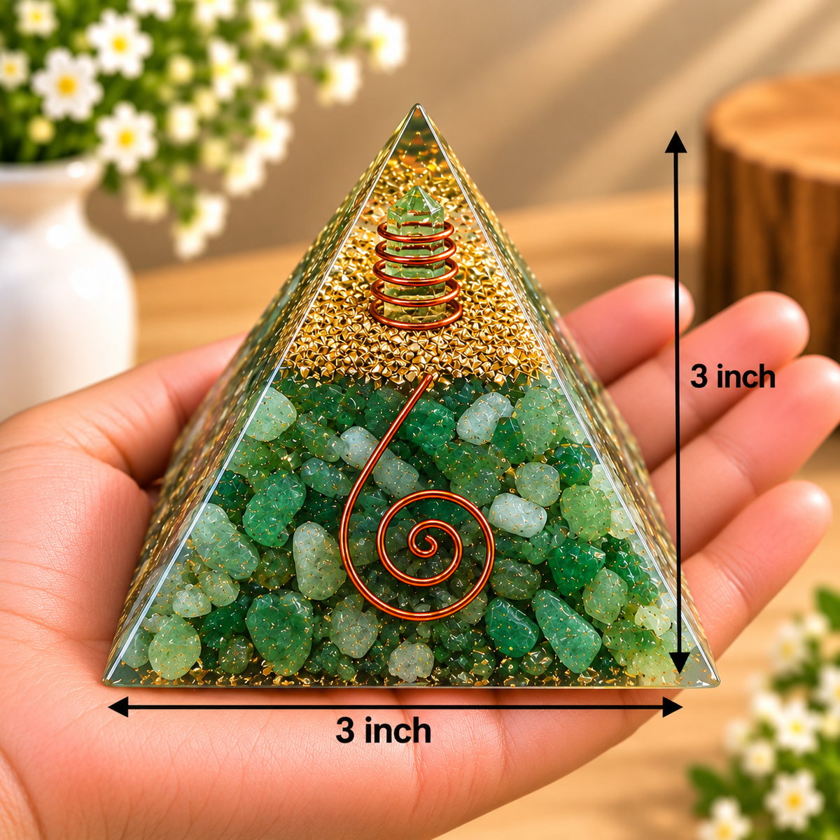 Green Aventurine Orgonite Pyramid -Crystal Energy & Meditation Decor -3 × 3 Inch