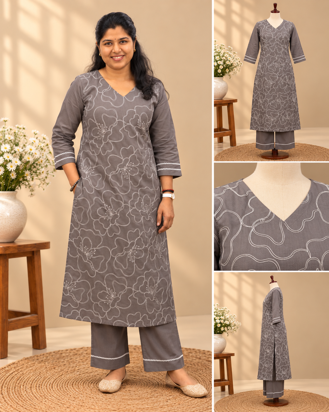 Grey kurta pant set for women featuring white floral embroidery, V-neckline, three-quarter sleeves and matching pants.