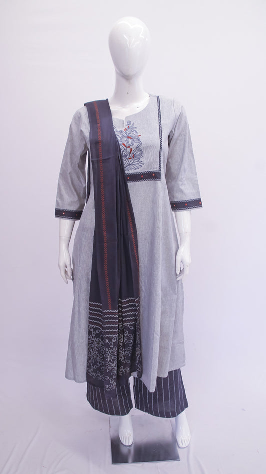 Mannequin wearing a light gray dress with a dark blue dupatta on a white background