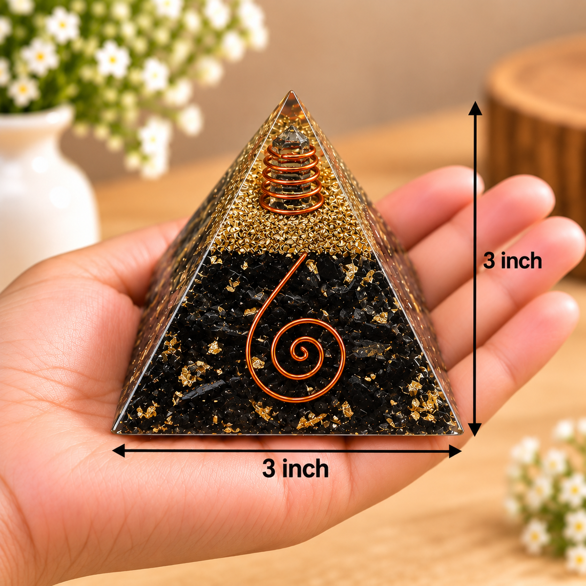 Black Tourmaline Orgonite Pyramid -Crystal Energy & Meditation Decor -3 × 3 Inch