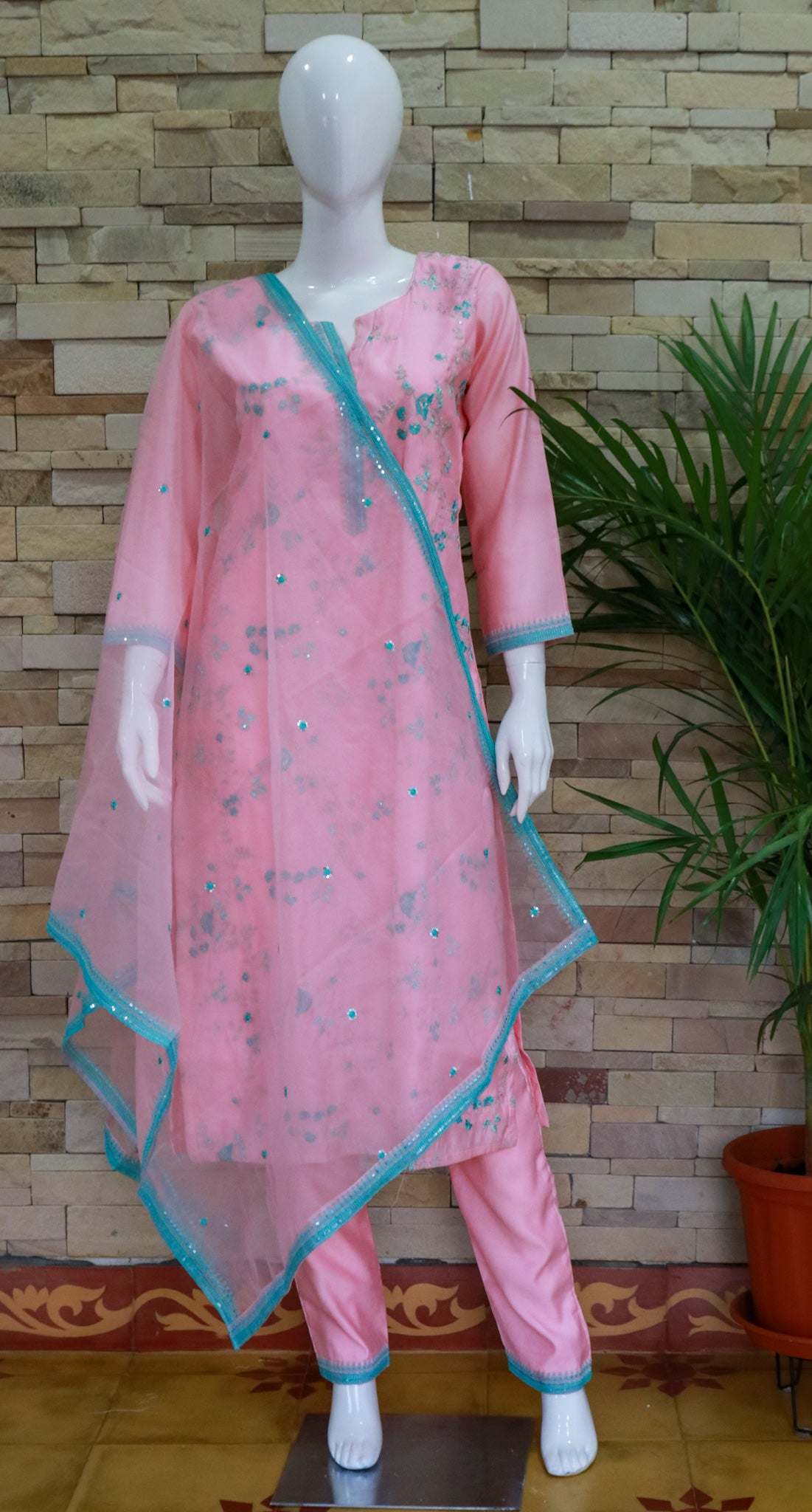 Silk Pink and Blue Dupatta Set