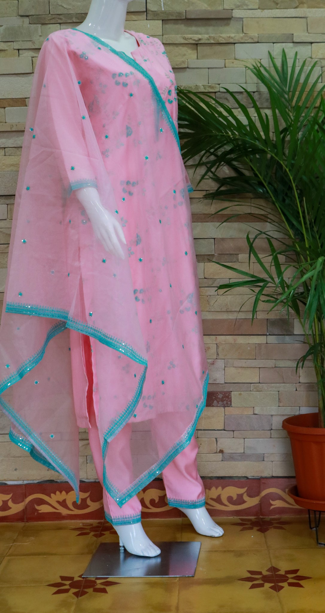 Silk Pink and Blue Dupatta Set