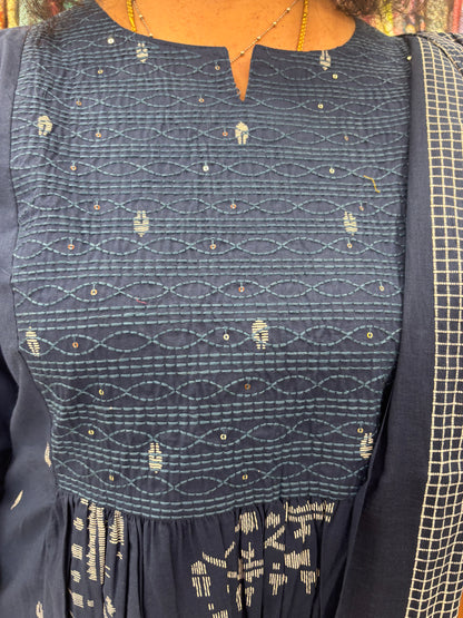 Cotton Blue Anarkali Dupatta Set