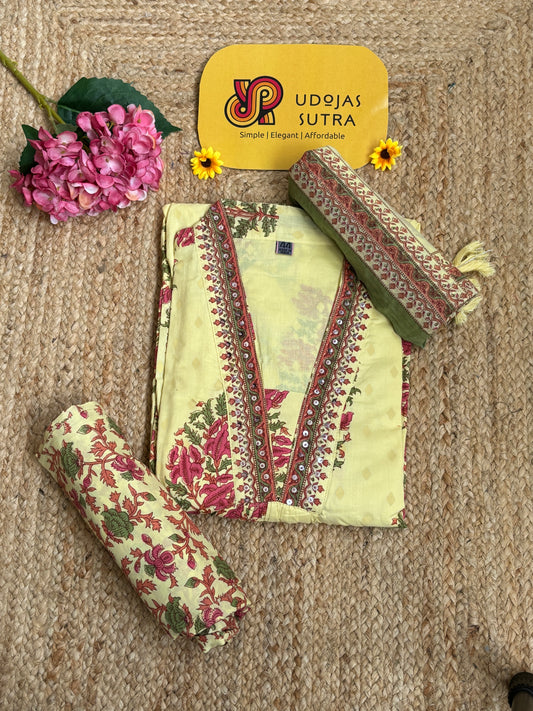 Cotton Yellow Floral Dupatta Set