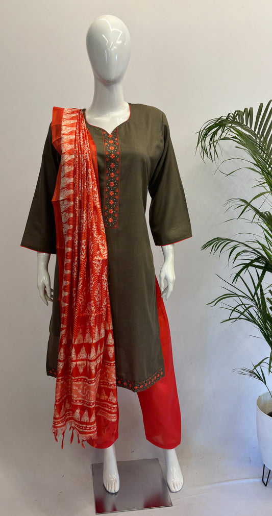 Slub Cotton Dupatta Set - Grey & Orange