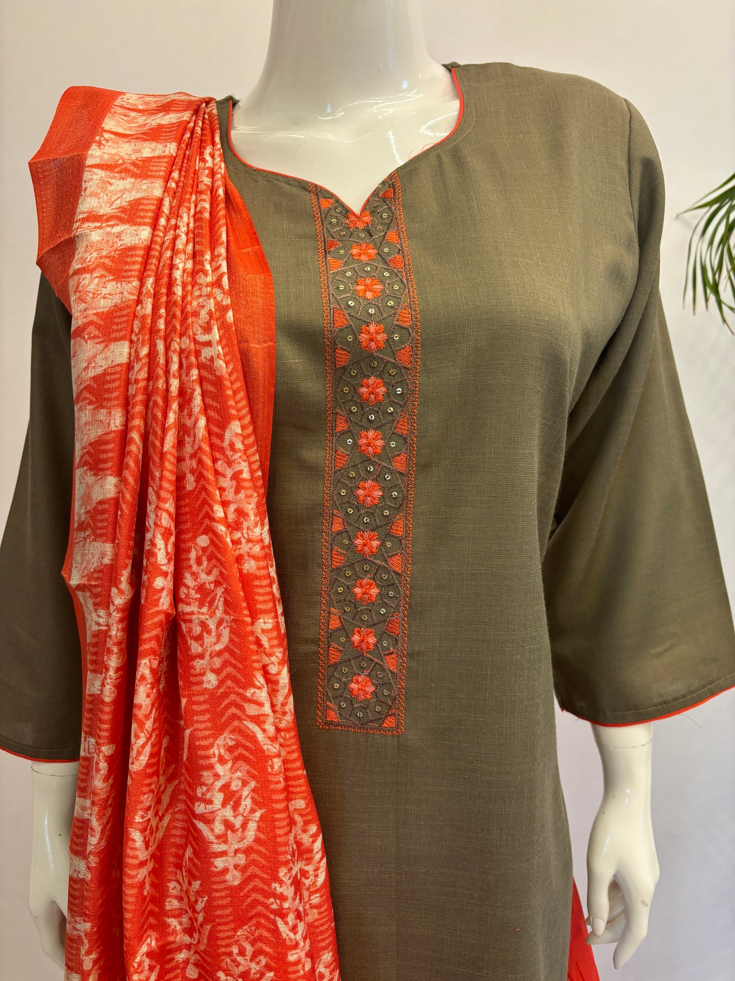 Slub Cotton Dupatta Set - Grey & Orange