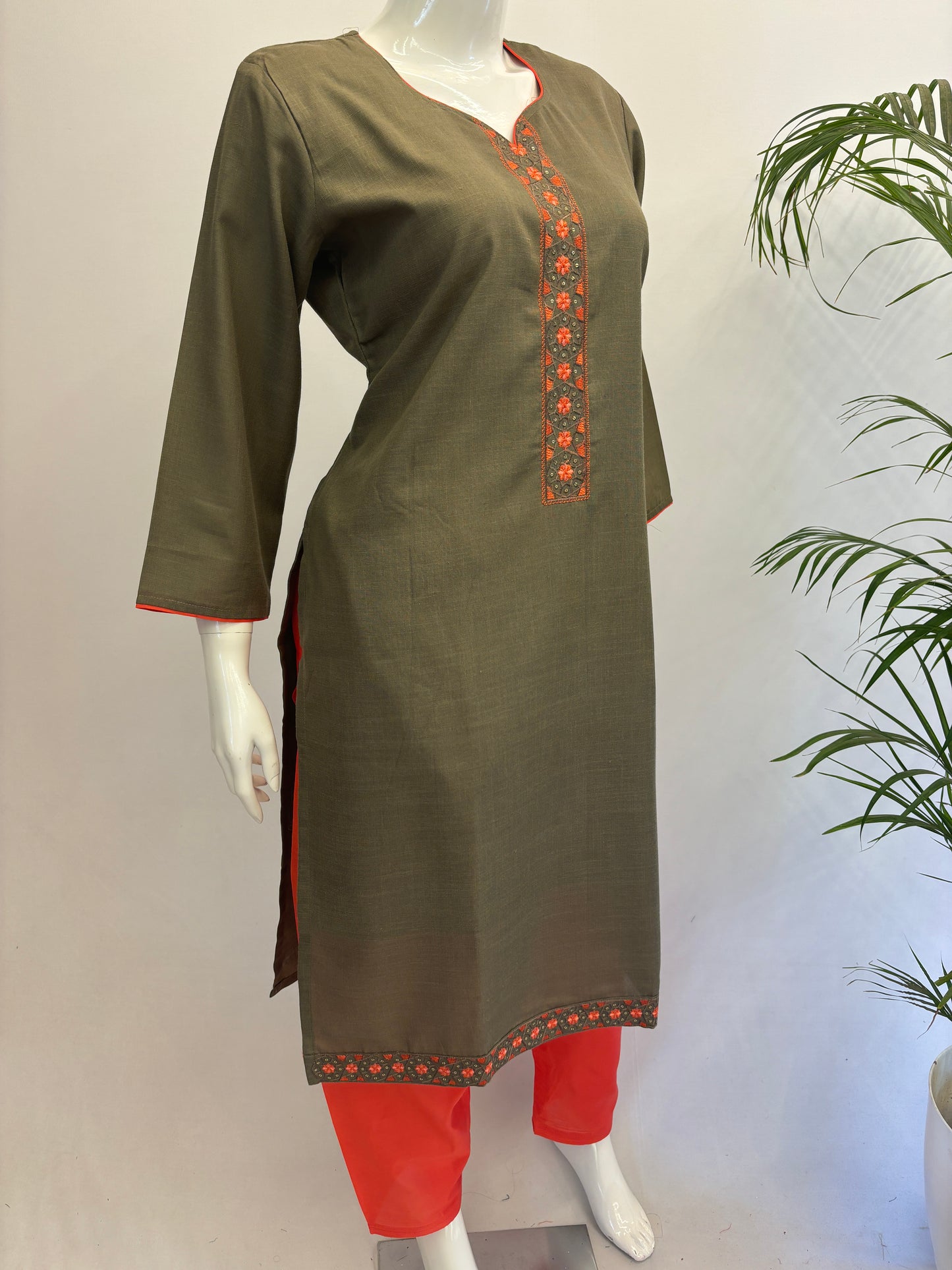 Slub Cotton Dupatta Set - Grey & Orange