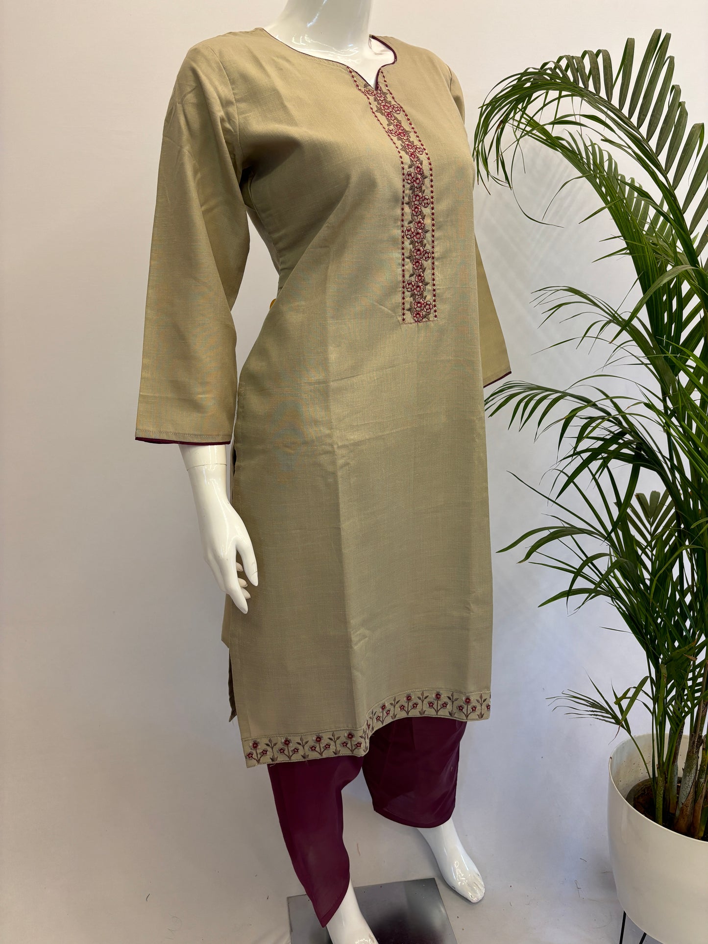 Slub Cotton Dupatta Set - Grey & Wine