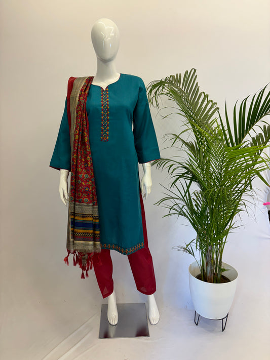 Slub Cotton Dupatta Set - Sea Green with Red