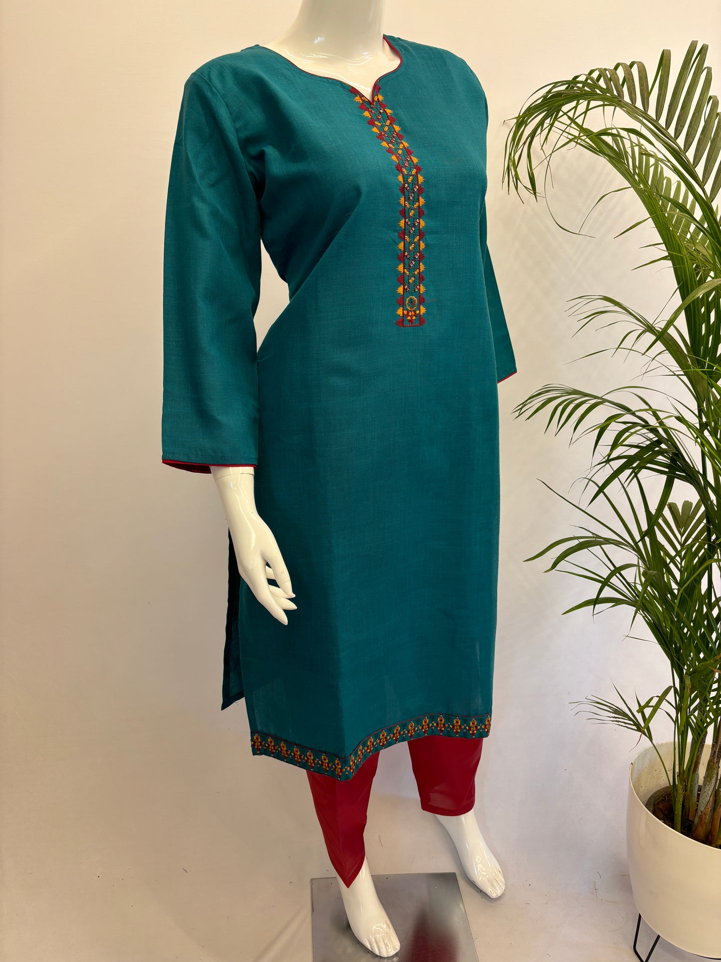 Slub Cotton Dupatta Set - Sea Green with Red