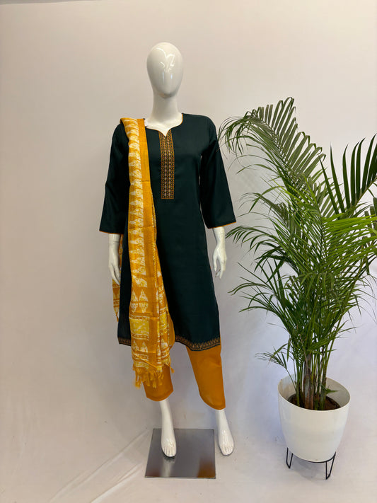 Slub Cotton Dupatta Set - Green with Yellow