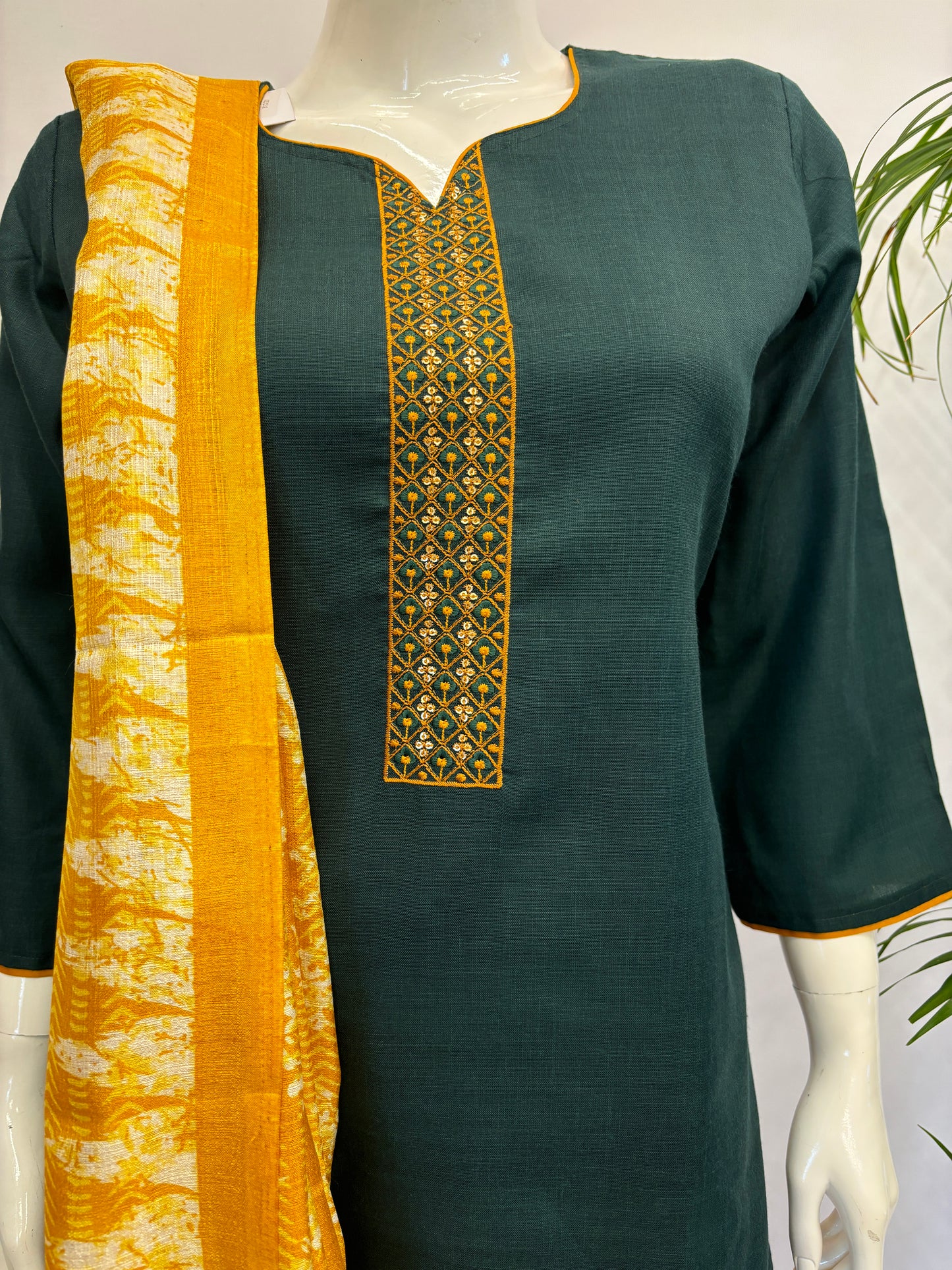 Slub Cotton Dupatta Set - Green with Yellow