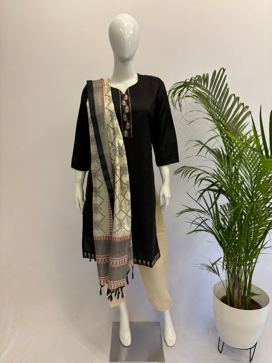 Slub Cotton Dupatta Set - Black with Off White