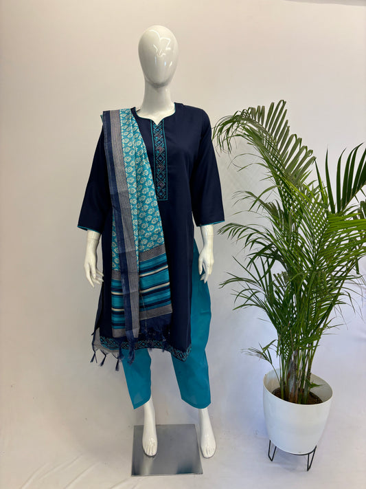 Slub Cotton Dupatta Set - Navy Blue with Light Blue