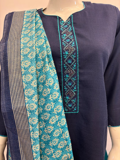Slub Cotton Dupatta Set - Navy Blue with Light Blue