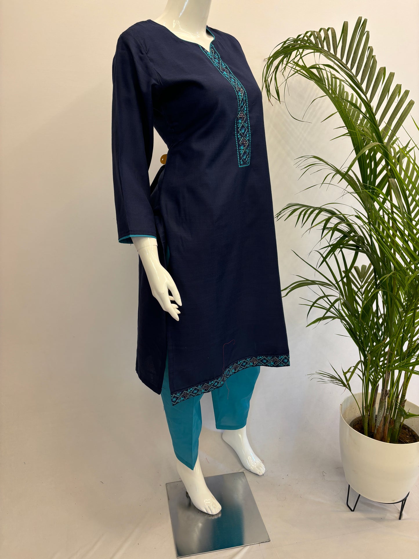 Slub Cotton Dupatta Set - Navy Blue with Light Blue