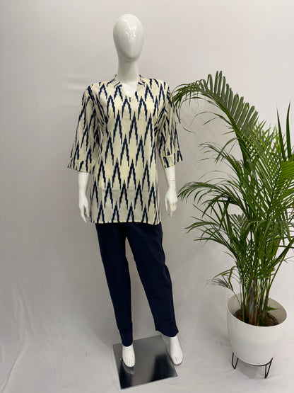 Jaipur Short Tunic - White with Blue Prints