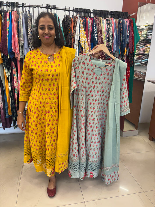 Cotton Floral Pista Green Anarkali Dupatta Set with Schiffli Work