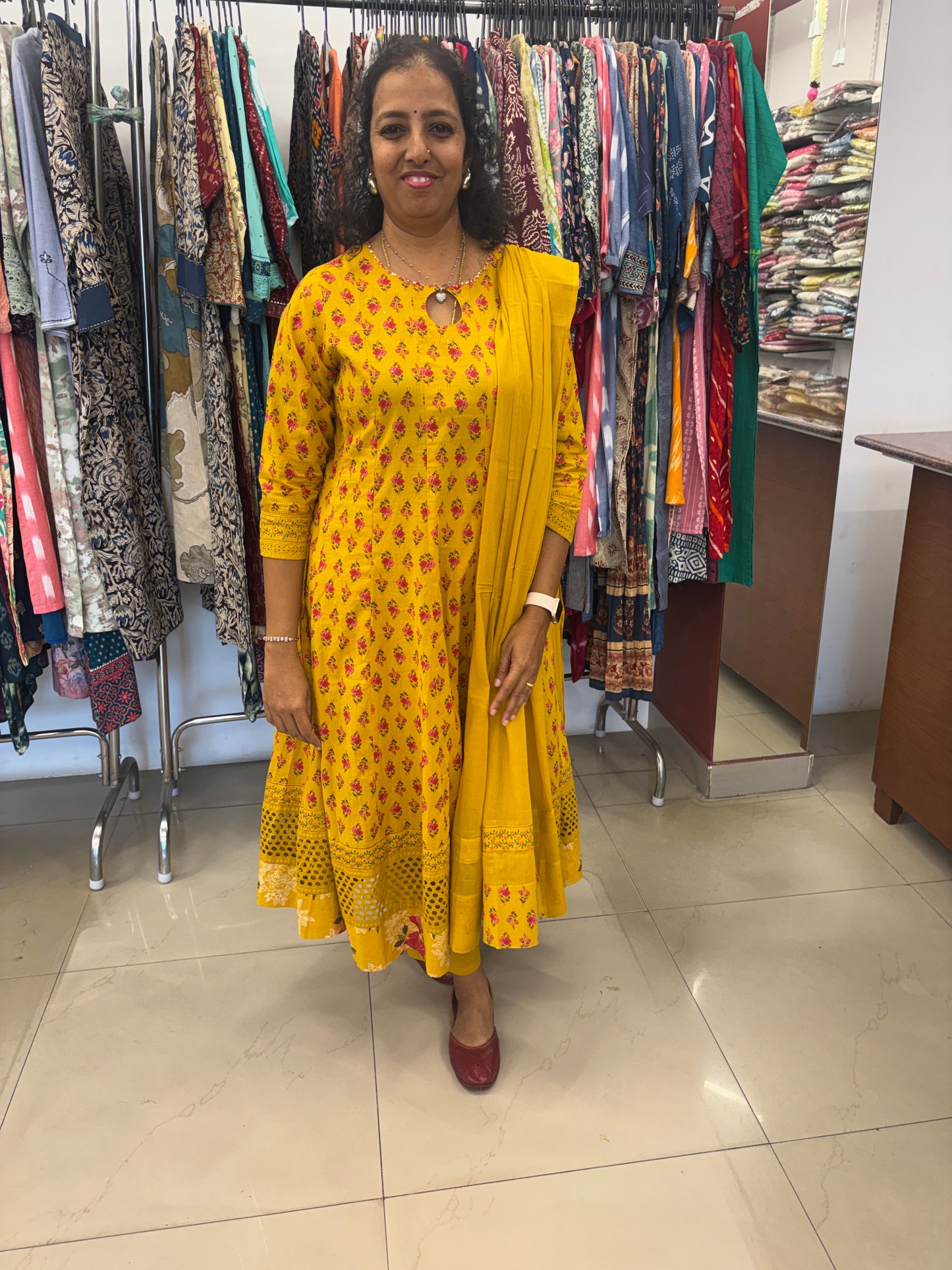 Cotton Floral Mustard Anarkali Dupatta Set with Schiffli Work