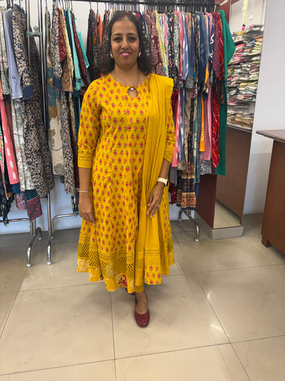 Cotton Floral Mustard Anarkali Dupatta Set with Schiffli Work