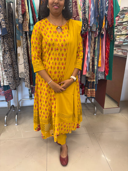 Cotton Floral Mustard Anarkali Dupatta Set with Schiffli Work