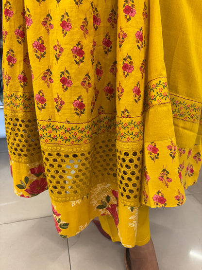 Cotton Floral Mustard Anarkali Dupatta Set with Schiffli Work