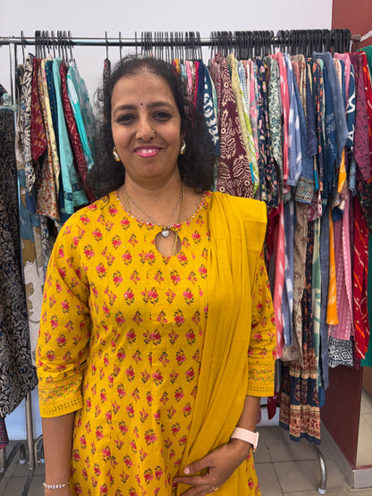 Cotton Floral Mustard Anarkali Dupatta Set with Schiffli Work