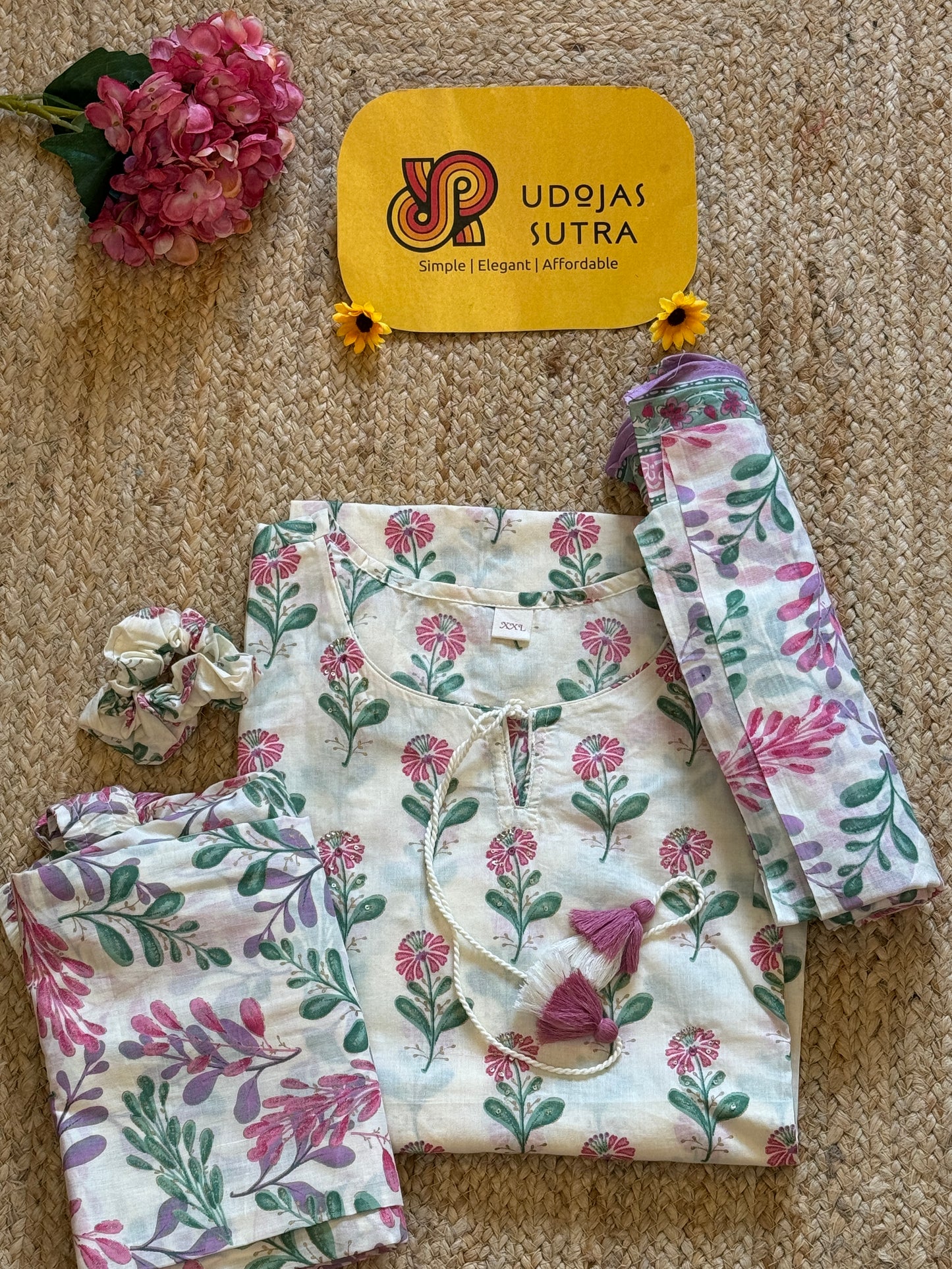 Cotton White Floral Dupatta Set