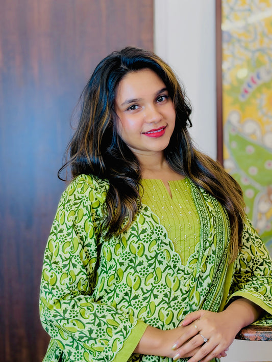 Olive Green Printed  Dupatta Set