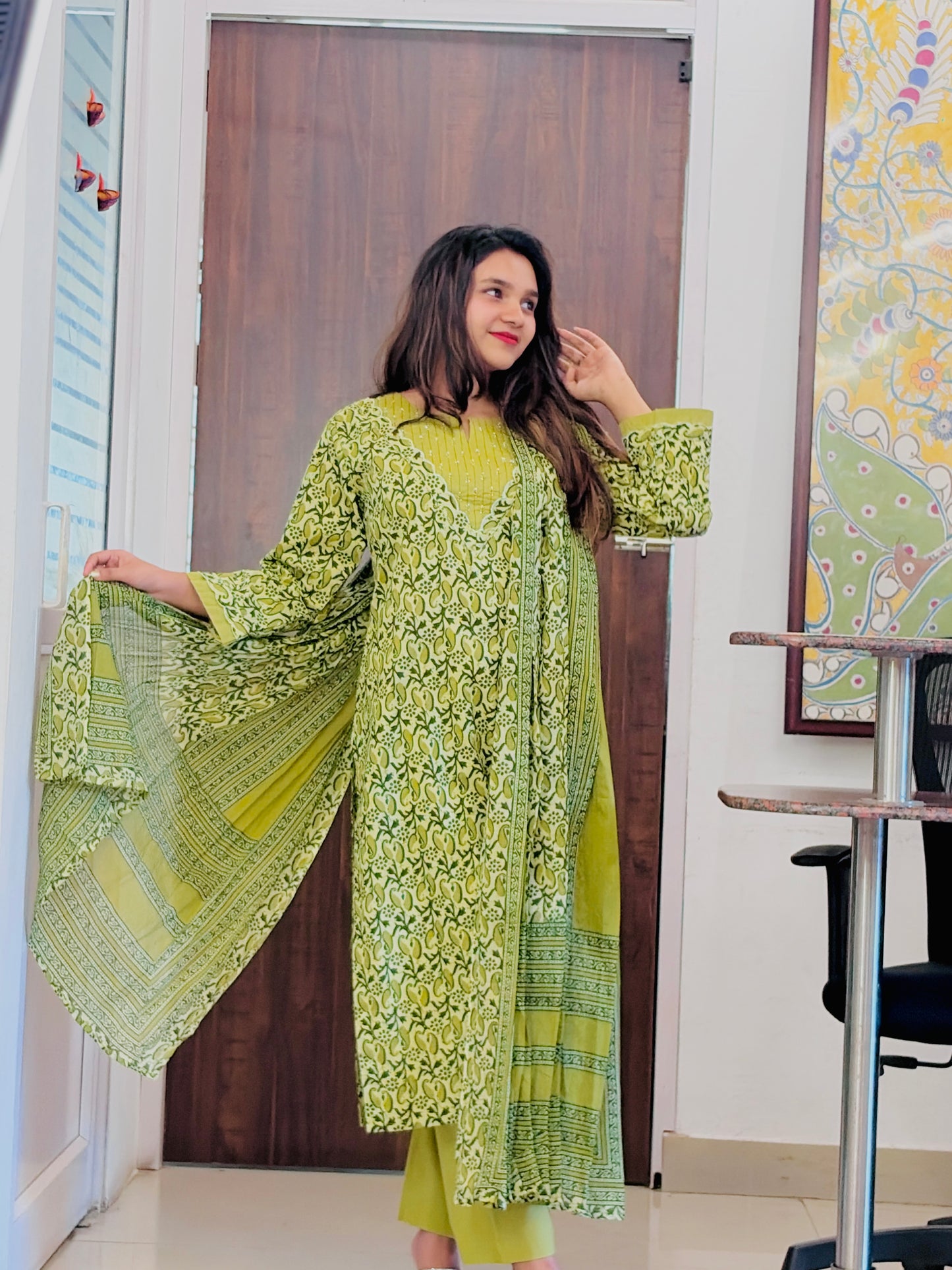 Olive Green Printed  Dupatta Set