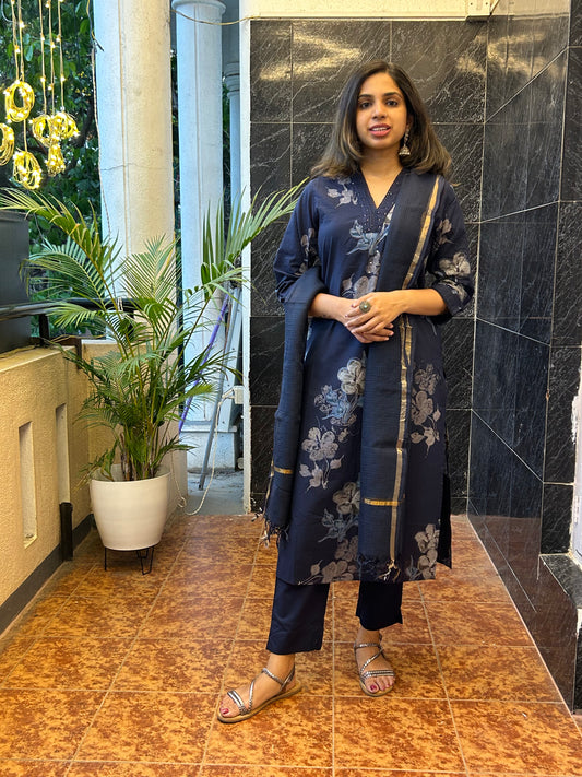 Navy Blue Cotton Floral Dupatta Set