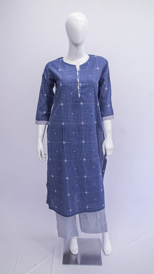Blue checkered kurta with white buttons on a mannequin against a light gray background