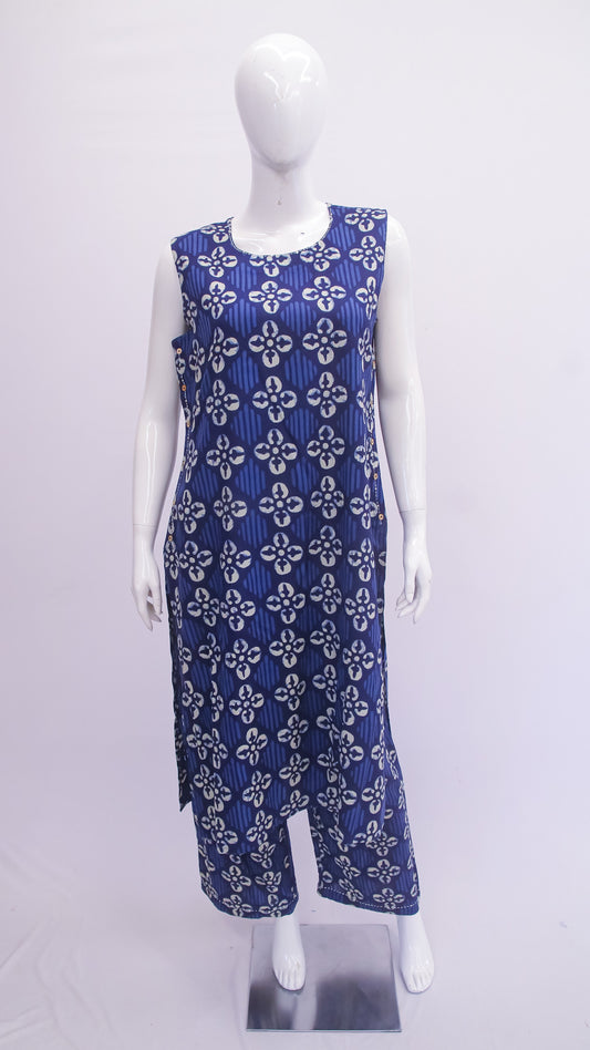 Mannequin wearing a blue floral jumpsuit on a white background