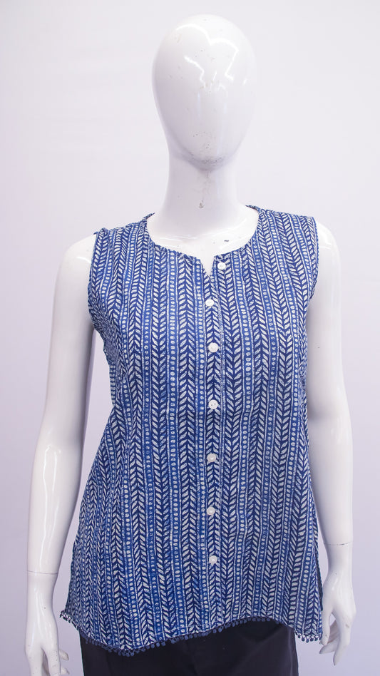 Blue patterned sleeveless top on a mannequin against a white background