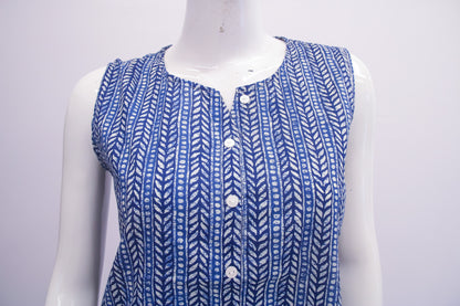 Blue and white patterned sleeveless top on a mannequin against a plain background