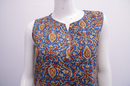 Colorful patterned sleeveless top on a mannequin against a white background